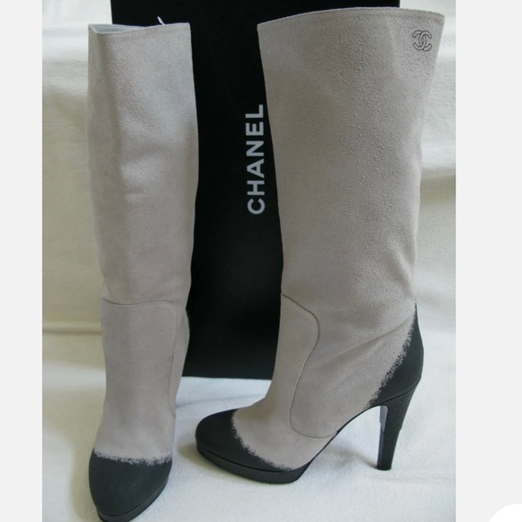 CHANEL Distressed Suede Gray/Black Platform Heel Calf High Boots CC Runway 2010 - Picture 1 of 12